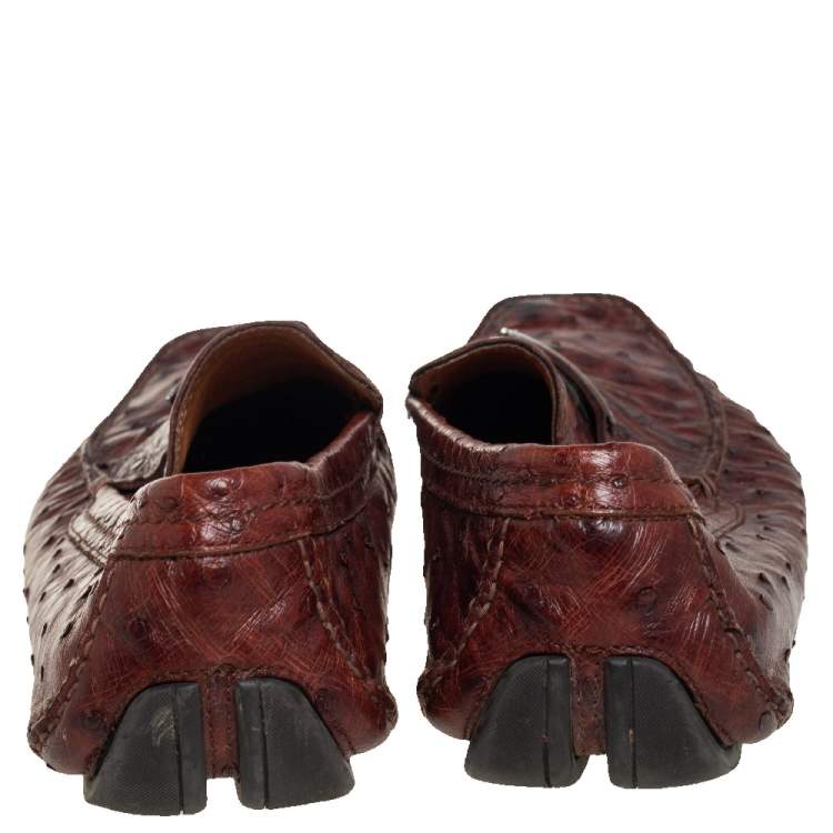 Pre Owned Salvatore Ferragamo Brown Ostrich Leather Penny Slip On Loafers Size 45