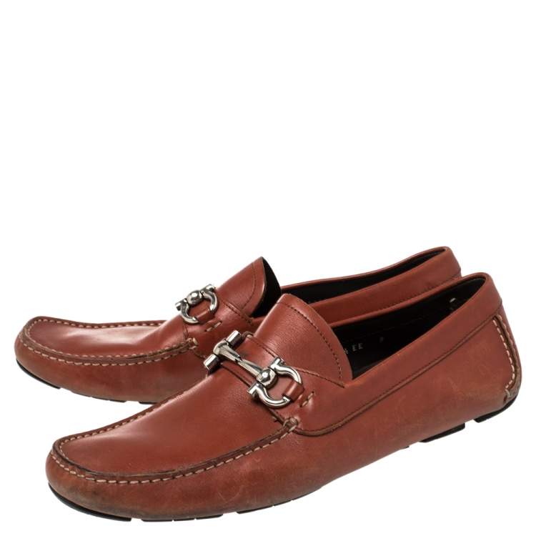 Pre Owned Salvatore Ferragamo Red Leather Gancini Slip On Loafers Size 43