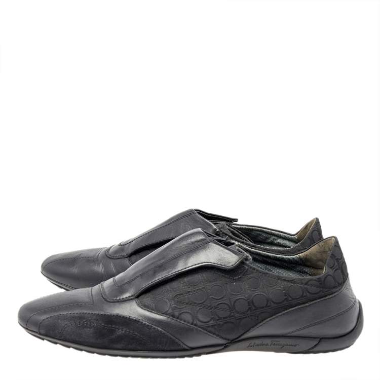 Pre Owned Salvatore Ferragamo Black Leather And Signature Canvas Slip On Sneakers Size 42