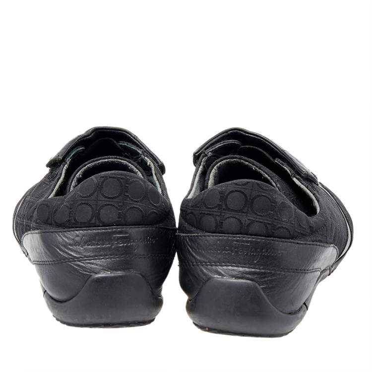 Pre Owned Salvatore Ferragamo Black Leather And Signature Canvas Slip On Sneakers Size 42