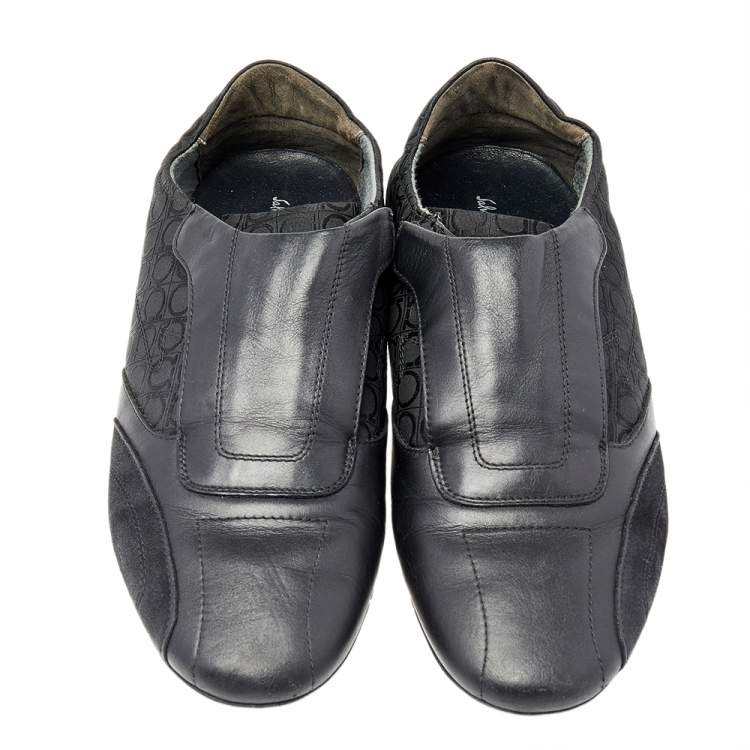 Pre Owned Salvatore Ferragamo Black Leather And Signature Canvas Slip On Sneakers Size 42