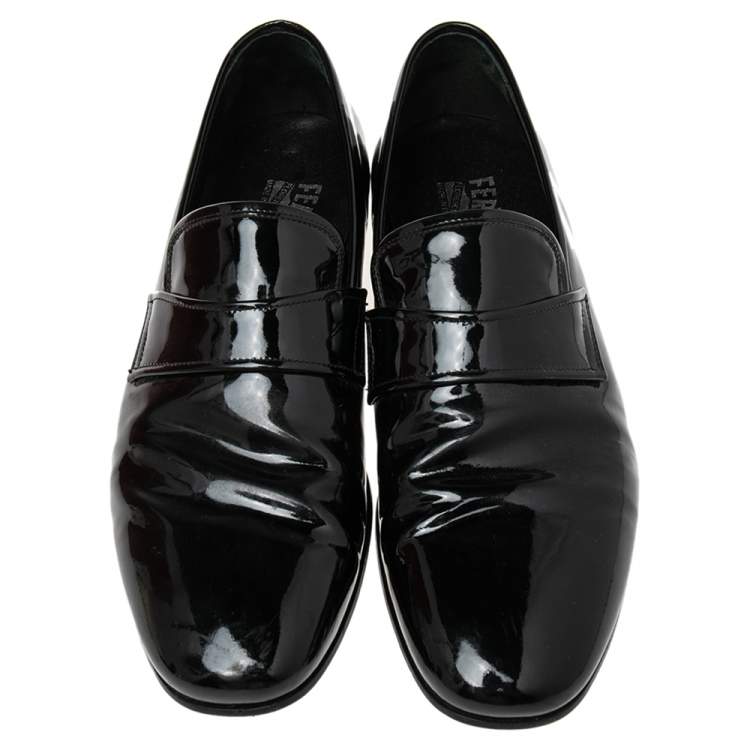Pre Owned Salvatore Ferragamo Black Patent Leather Slip On Loafers Size 41.5