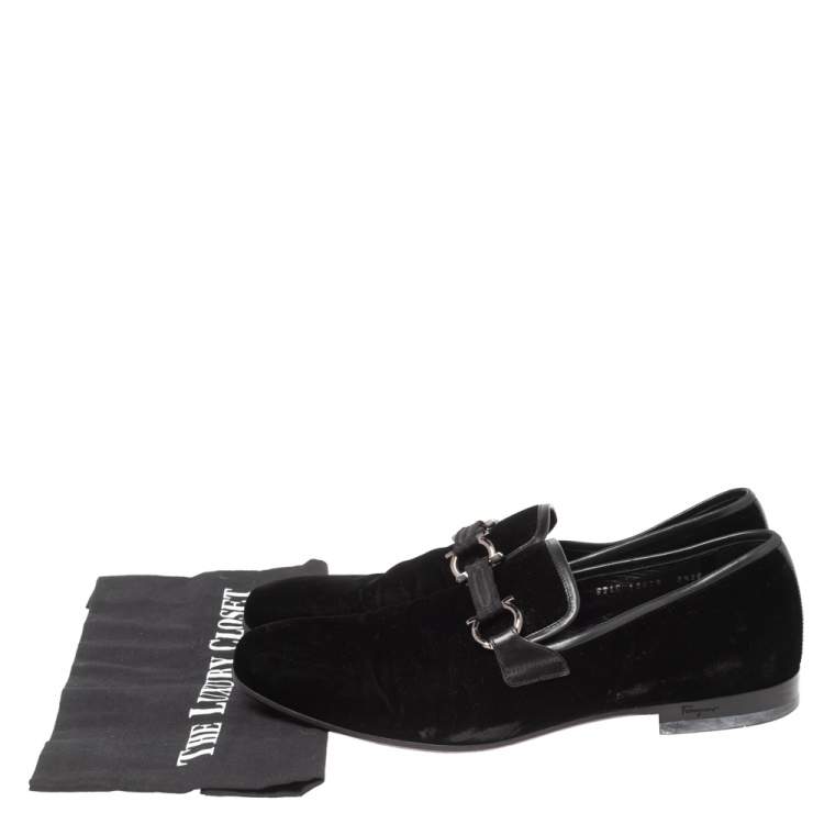 Pre Owned Salvatore Ferragamo Black Velvet Gancini Bit Slip On Loafers Size 42.5