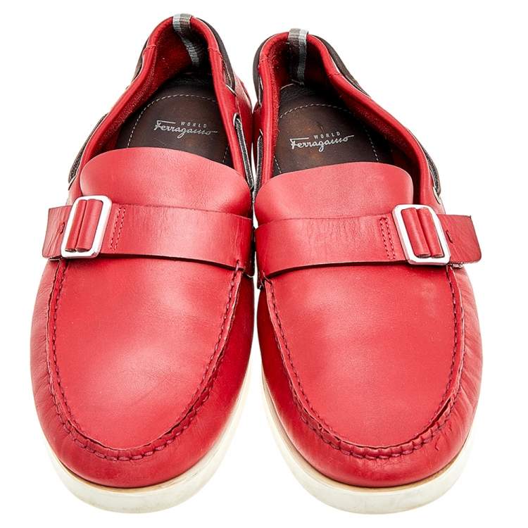 Pre Owned Salvatore Ferragamo Red Leather Slip On Loafers Size 46