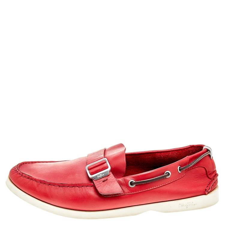 Pre Owned Salvatore Ferragamo Red Leather Slip On Loafers Size 46