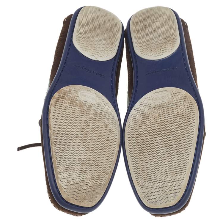 Pre Owned Salvatore Ferragamo Mint Green/Brown Suede And Leather Slip On Loafers Size 41.5