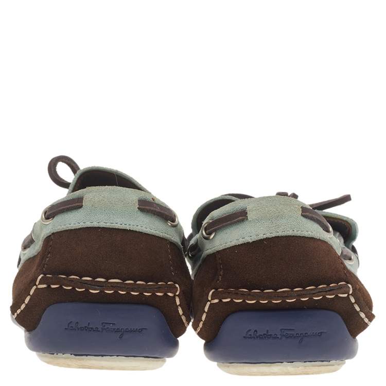 Pre Owned Salvatore Ferragamo Mint Green/Brown Suede And Leather Slip On Loafers Size 41.5