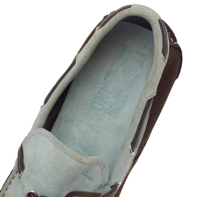 Pre Owned Salvatore Ferragamo Mint Green/Brown Suede And Leather Slip On Loafers Size 41.5