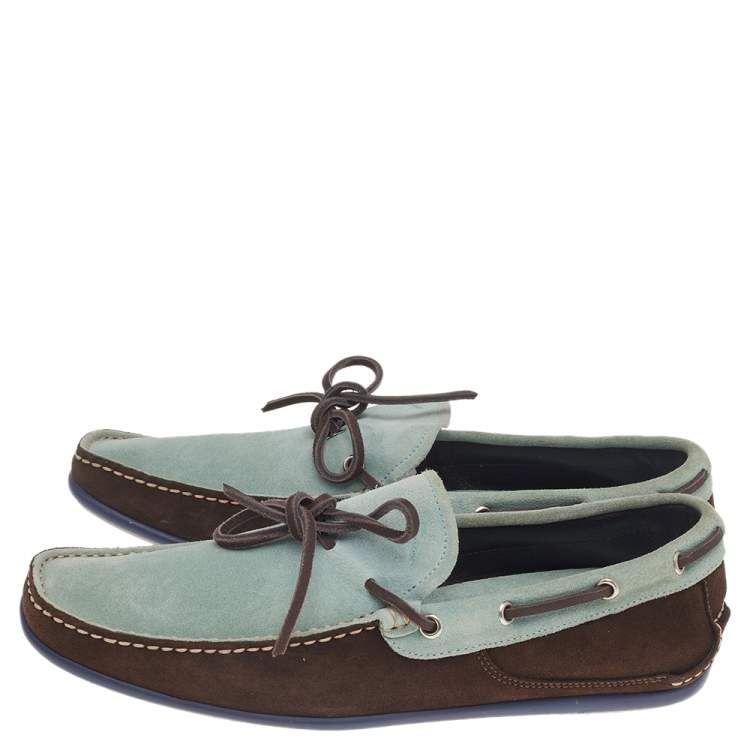 Pre Owned Salvatore Ferragamo Mint Green/Brown Suede And Leather Slip On Loafers Size 41.5