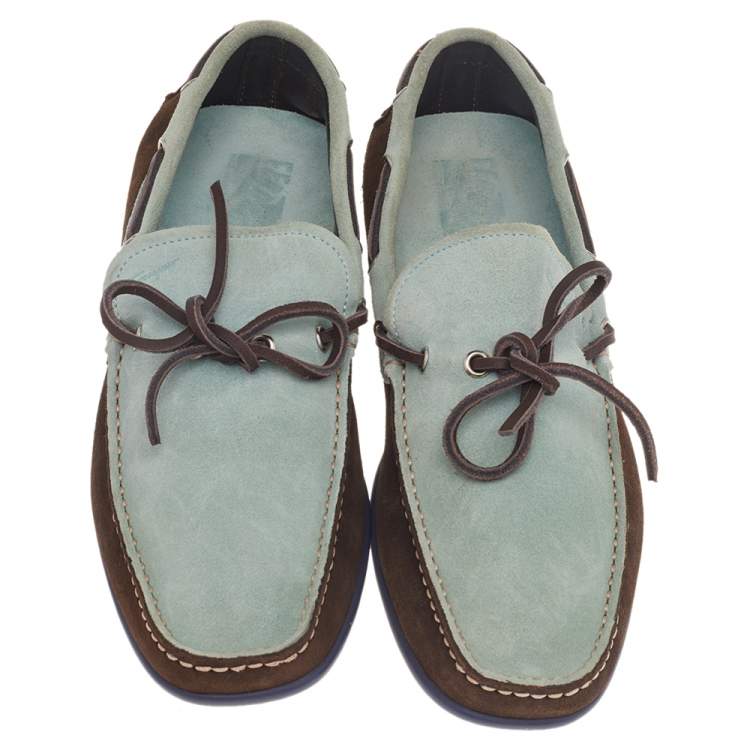 Pre Owned Salvatore Ferragamo Mint Green/Brown Suede And Leather Slip On Loafers Size 41.5