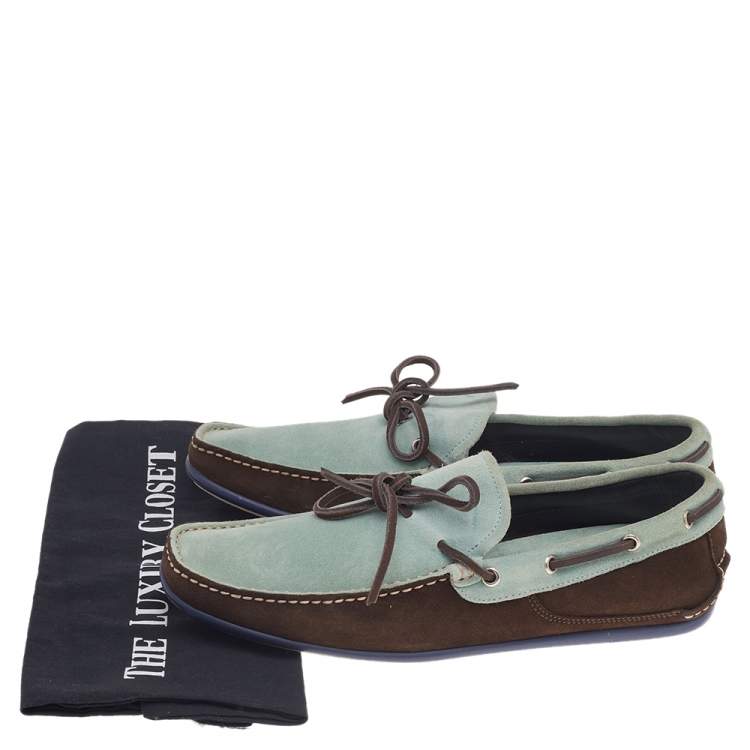 Pre Owned Salvatore Ferragamo Mint Green/Brown Suede And Leather Slip On Loafers Size 41.5