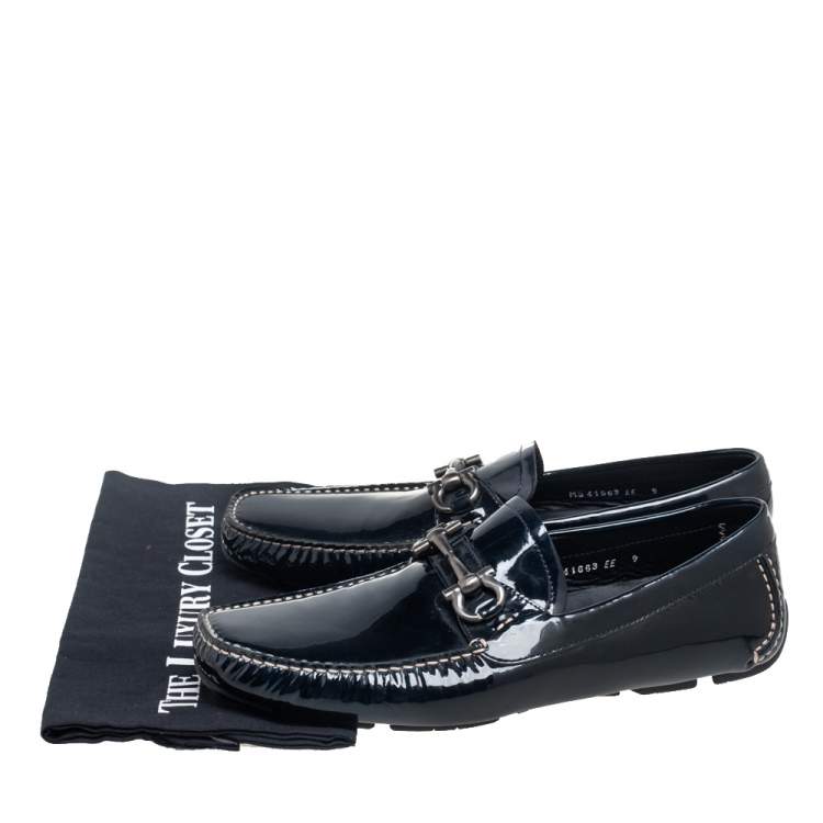 Pre Owned Salvatore Ferragamo Black Patent Leather Parigi Gancini Driver Loafers Size 43