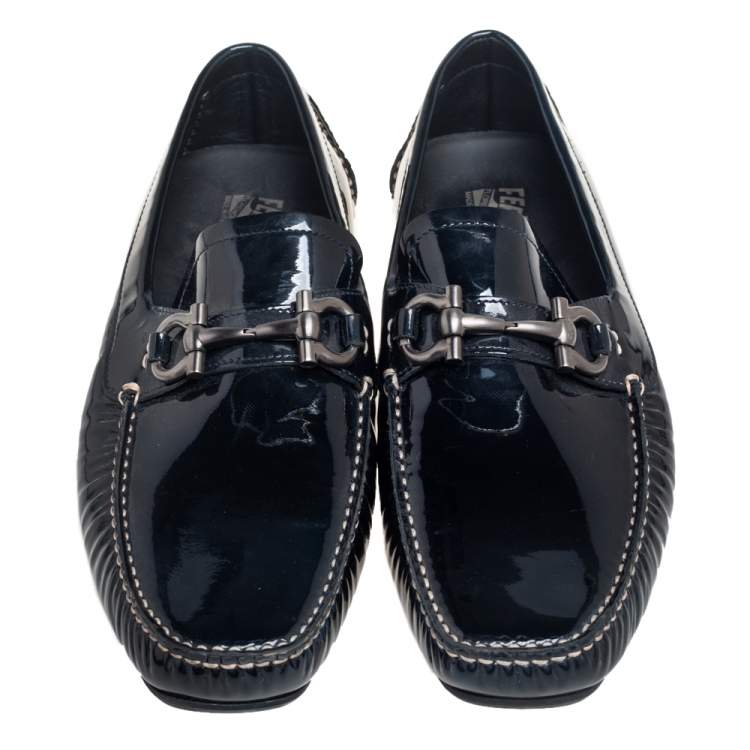 Pre Owned Salvatore Ferragamo Black Patent Leather Parigi Gancini Driver Loafers Size 43