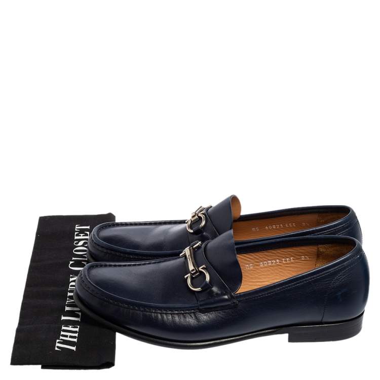 Pre Owned Salvatore Ferragamo Navy Blue Leather Gancini Bit Loafers Size 42.5