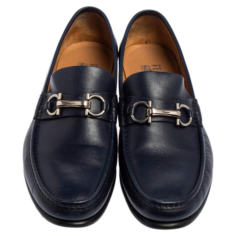 Pre Owned Salvatore Ferragamo Navy Blue Leather Gancini Bit Loafers Size 42.5