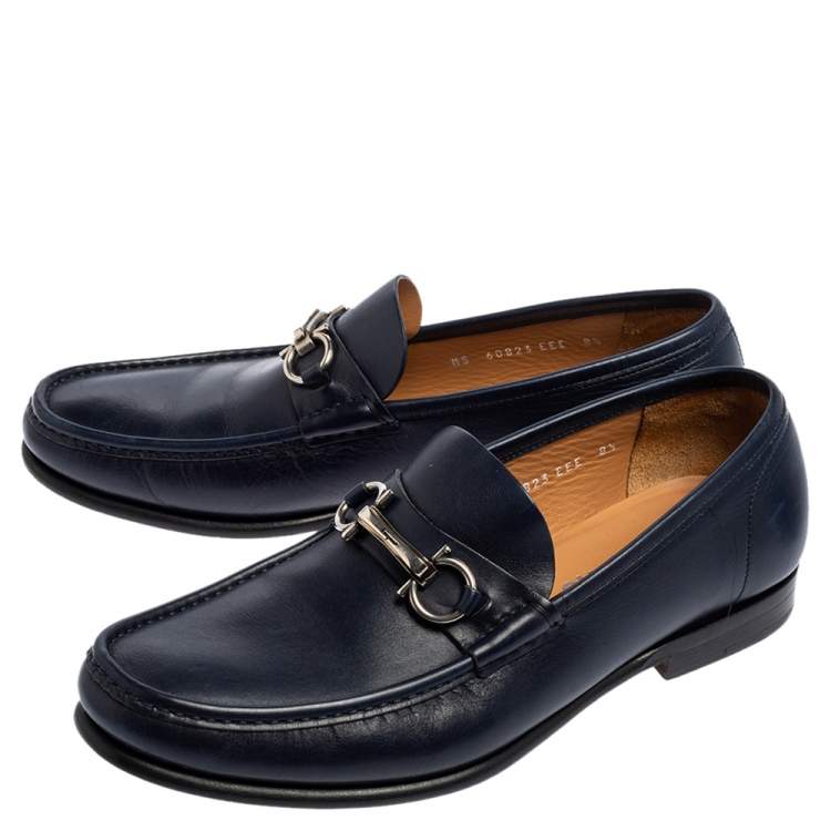 Pre Owned Salvatore Ferragamo Navy Blue Leather Gancini Bit Loafers Size 42.5