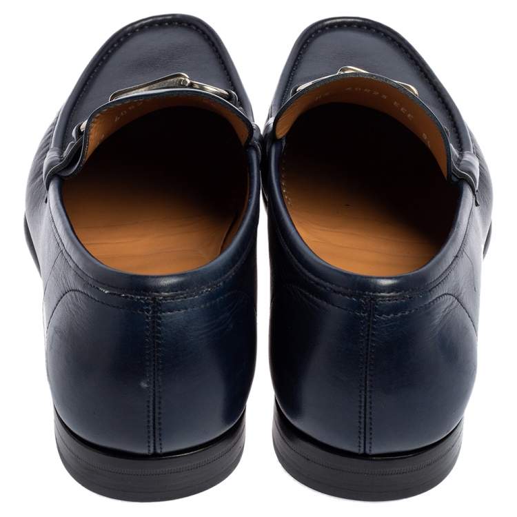 Pre Owned Salvatore Ferragamo Navy Blue Leather Gancini Bit Loafers Size 42.5