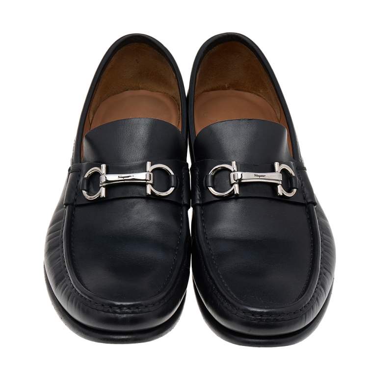 Pre Owned Salvatore Ferragamo Black Leather Gancio Slip On Loafers Size 43.5