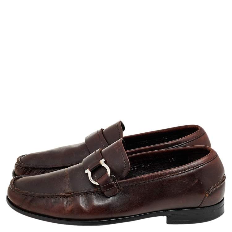 Pre Owned Salvatore Ferragamo Brown Leather Gancio Slip On Loafers Size 40