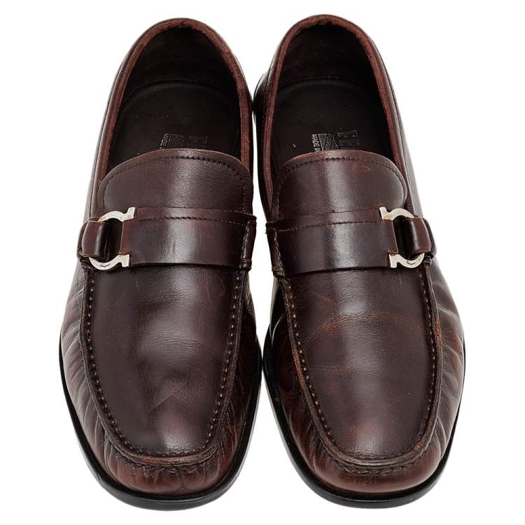Pre Owned Salvatore Ferragamo Brown Leather Gancio Slip On Loafers Size 40