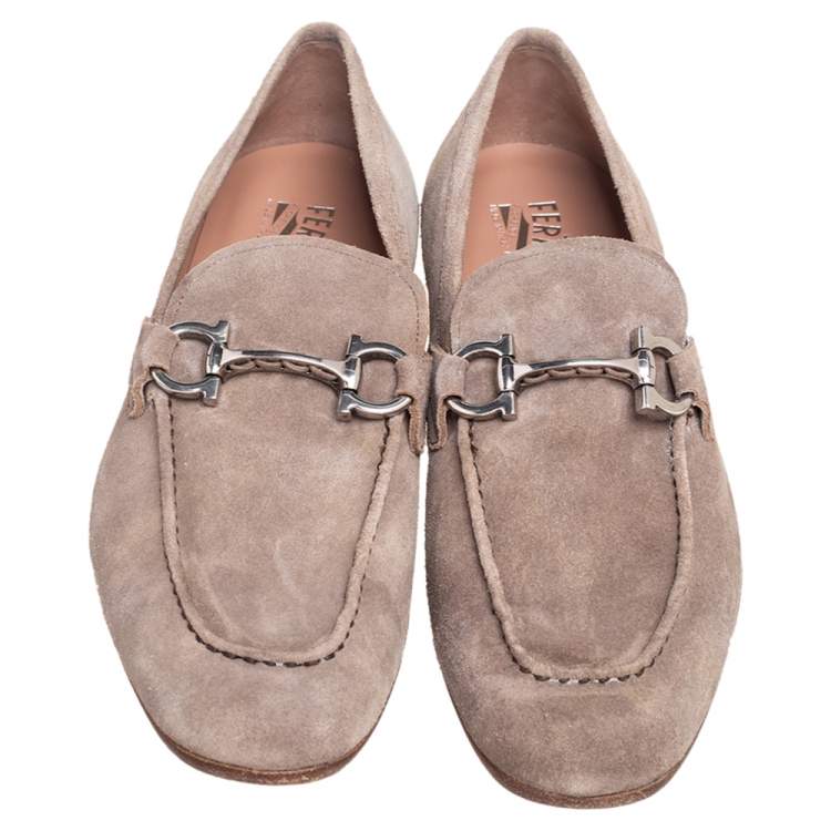 Pre Owned Salvatore Ferragamo Grey Suede Gancini Slip On Loafers Size 44
