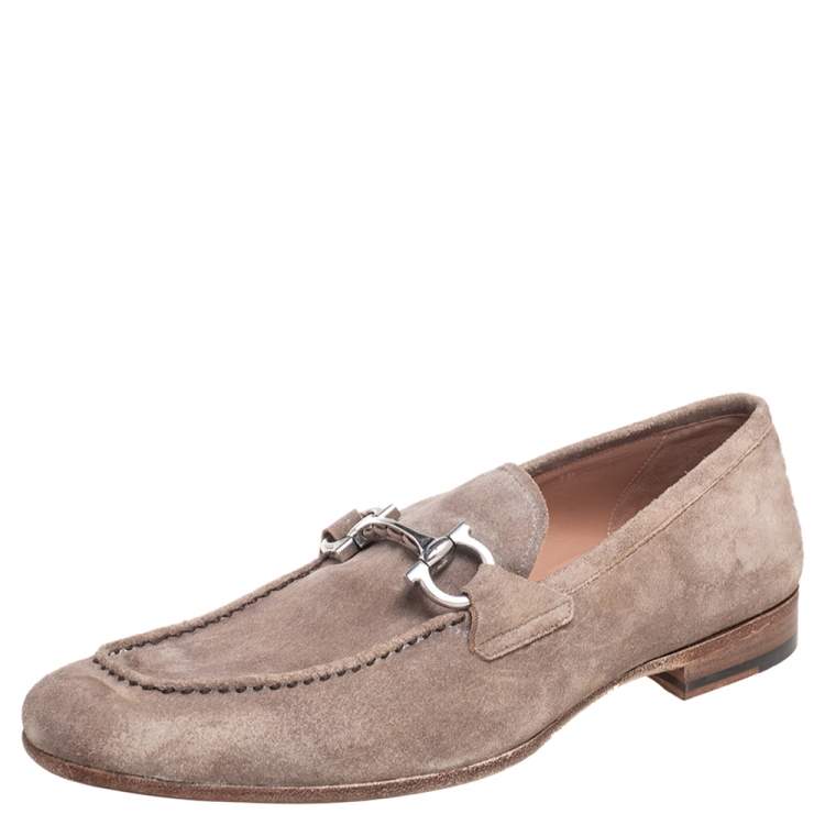 Pre Owned Salvatore Ferragamo Grey Suede Gancini Slip On Loafers Size 44