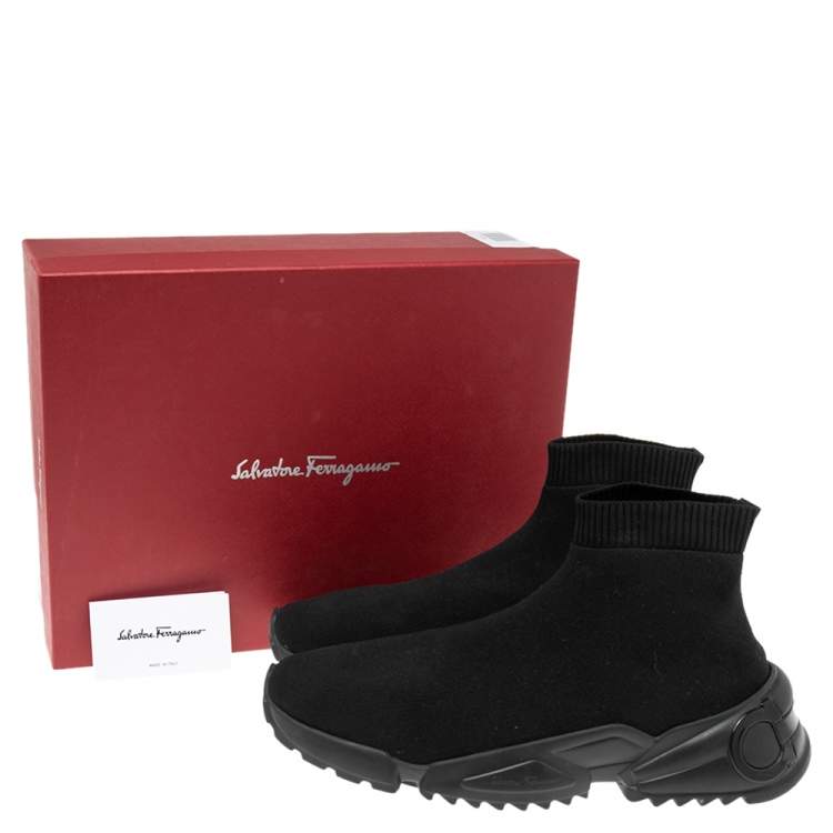 Pre Owned Salvatore Ferragamo Black Knit Fabric Gancini Sock Sneakers Size 45