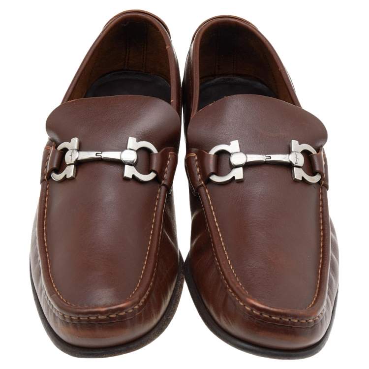 Pre Owned Salvatore Ferragamo Brown Leather Gancini Bit Loafers Size 43