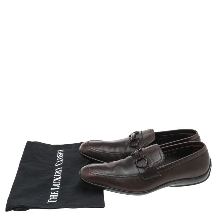 Pre Owned Salvatore Ferragamo Dark Brown Leather Gancini Bit Slip On Loafers Size 42