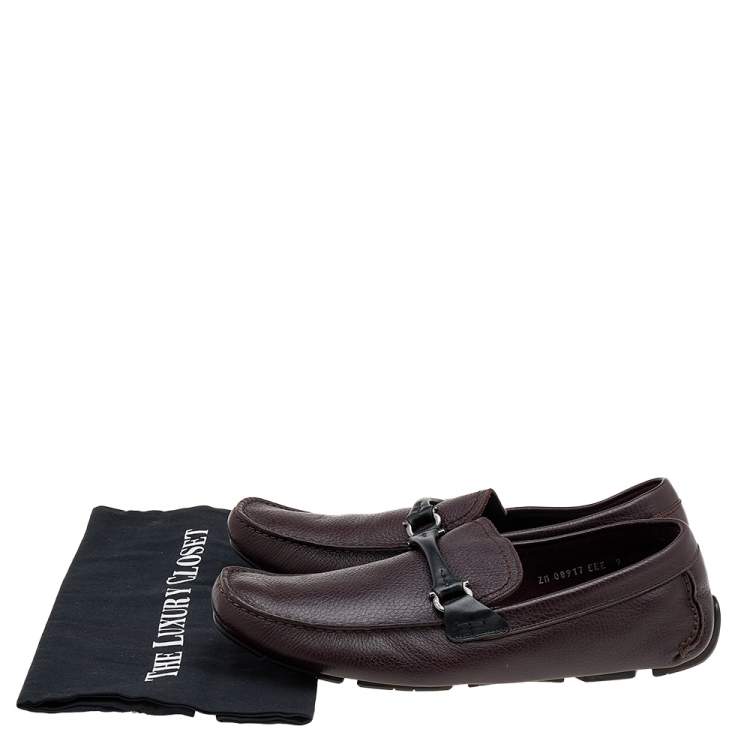 Pre Owned Salvatore Ferragamo Burgundy/Black Leather Gancini Bit Slip On Loafers Size 43