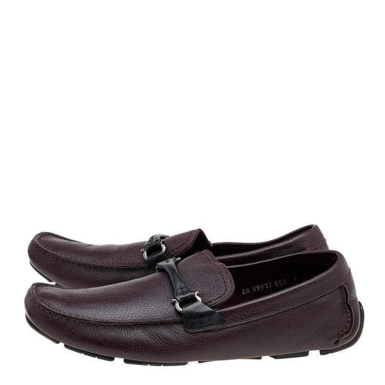 Pre Owned Salvatore Ferragamo Burgundy/Black Leather Gancini Bit Slip On Loafers Size 43