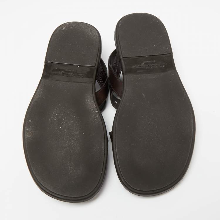 Pre Owned Salvatore Ferragamo Dark Brown Gancini Embossed Leather Cross Strap Sandals Size 40