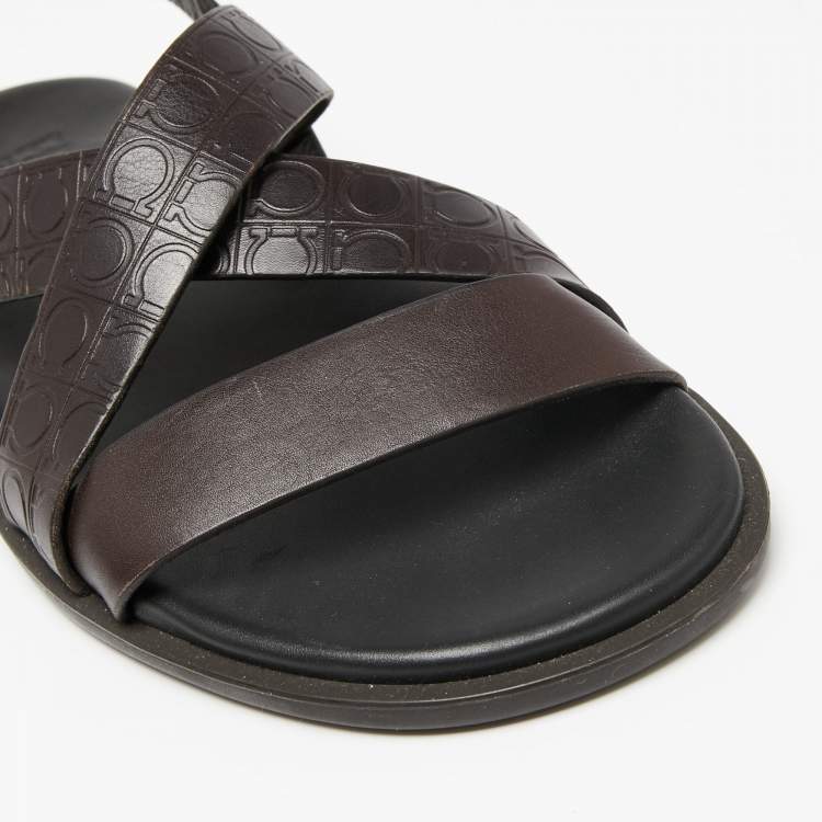 Pre Owned Salvatore Ferragamo Dark Brown Gancini Embossed Leather Cross Strap Sandals Size 40