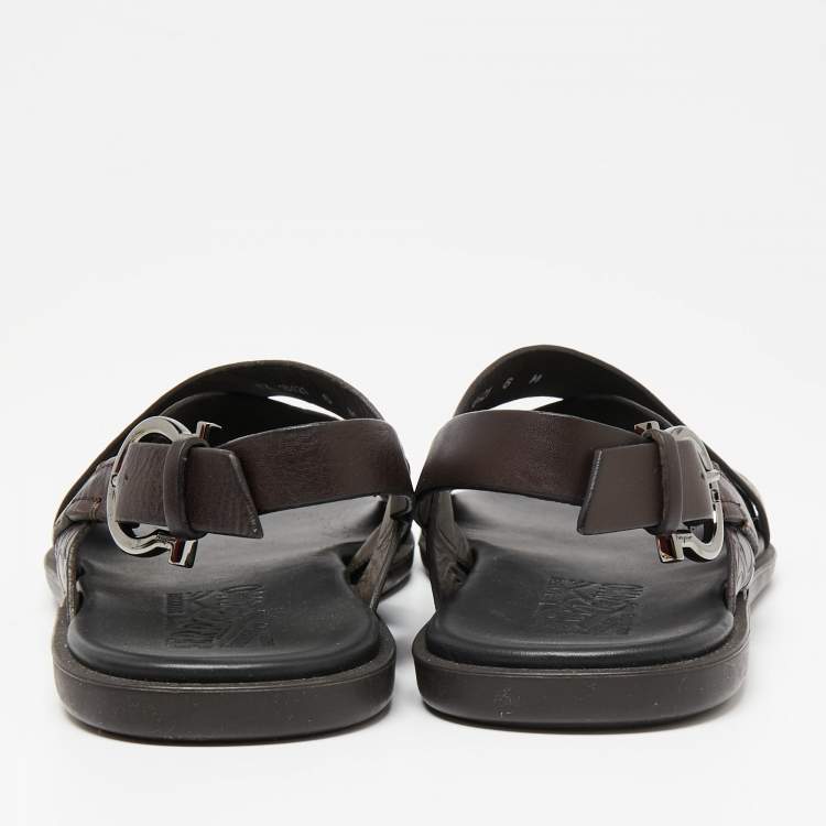 Pre Owned Salvatore Ferragamo Dark Brown Gancini Embossed Leather Cross Strap Sandals Size 40