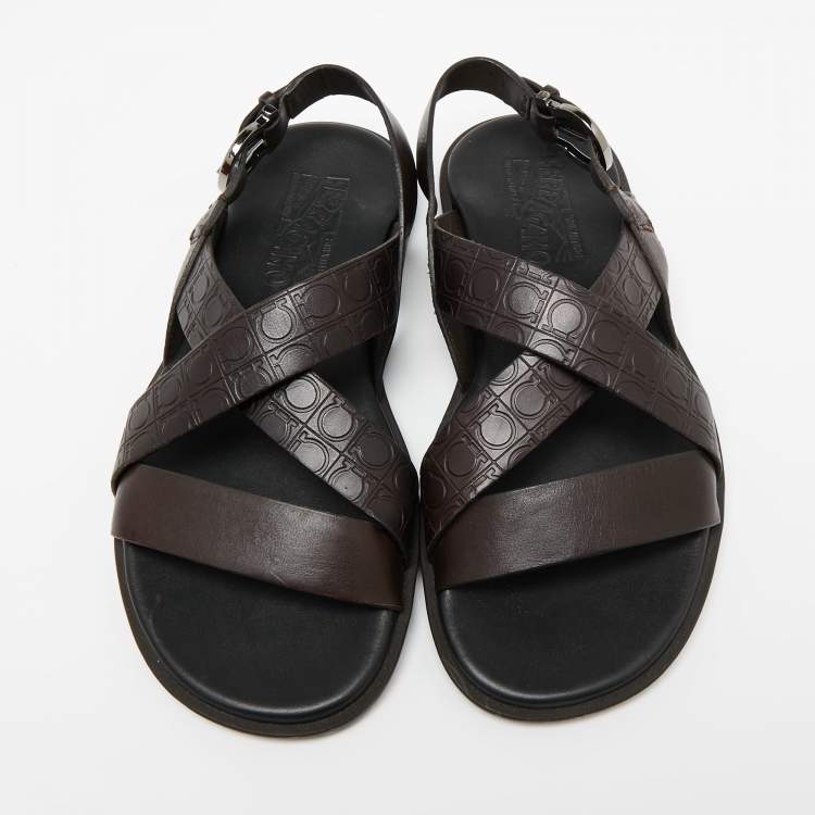 Pre Owned Salvatore Ferragamo Dark Brown Gancini Embossed Leather Cross Strap Sandals Size 40