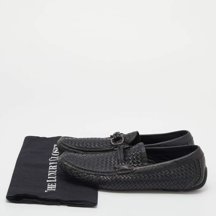 Pre Owned Salvatore Ferragamo Black Woven Leather Parigi Gancini Slip On Loafers Size 42