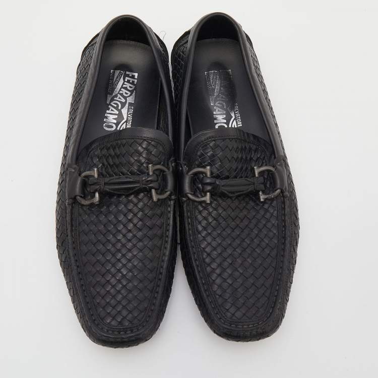 Pre Owned Salvatore Ferragamo Black Woven Leather Parigi Gancini Slip On Loafers Size 42