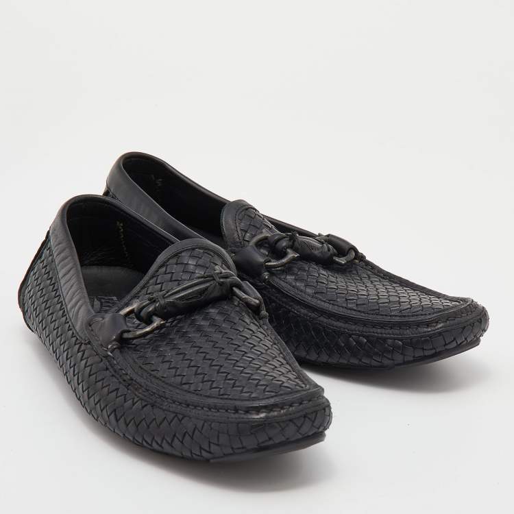Pre Owned Salvatore Ferragamo Black Woven Leather Parigi Gancini Slip On Loafers Size 42