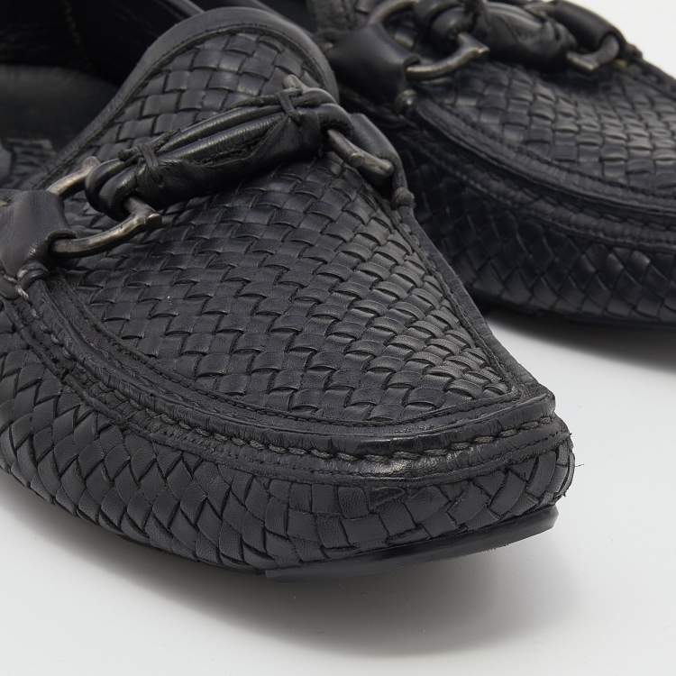 Pre Owned Salvatore Ferragamo Black Woven Leather Parigi Gancini Slip On Loafers Size 42