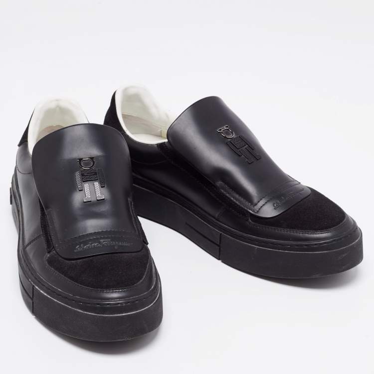Pre Owned Salvatore Ferragamo Black Leather and Suede Low Top Sneakers Size 40
