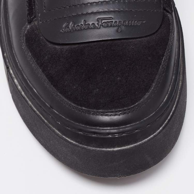 Pre Owned Salvatore Ferragamo Black Leather and Suede Low Top Sneakers Size 40