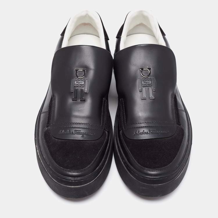 Pre Owned Salvatore Ferragamo Black Leather and Suede Low Top Sneakers Size 40