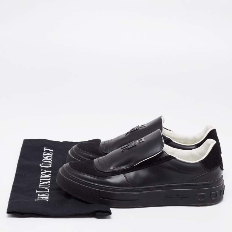 Pre Owned Salvatore Ferragamo Black Leather and Suede Low Top Sneakers Size 40