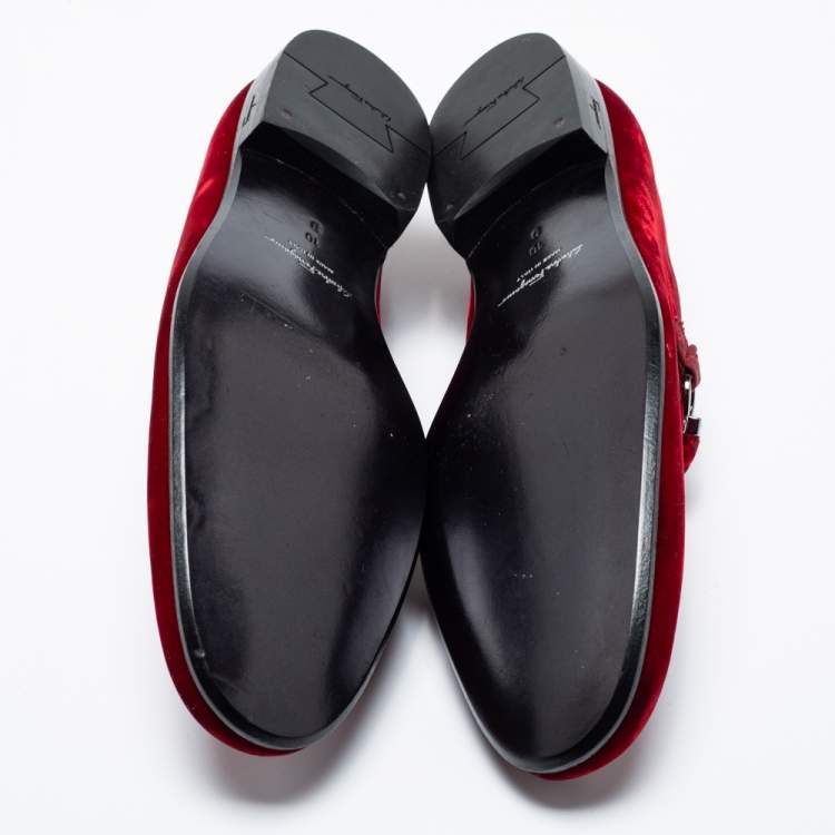 Pre Owned Salvatore Ferragamo Dark Red Velvet Lord 2 Horsebit Loafers Size 44
