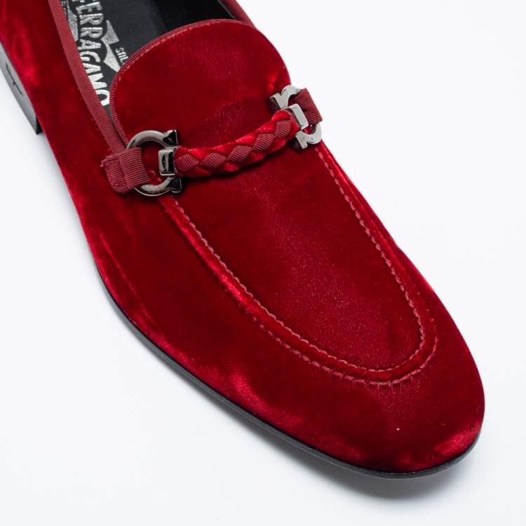 Pre Owned Salvatore Ferragamo Dark Red Velvet Lord 2 Horsebit Loafers Size 44