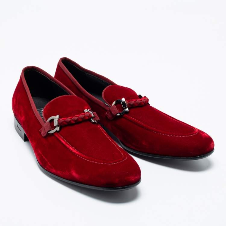 Pre Owned Salvatore Ferragamo Dark Red Velvet Lord 2 Horsebit Loafers Size 44