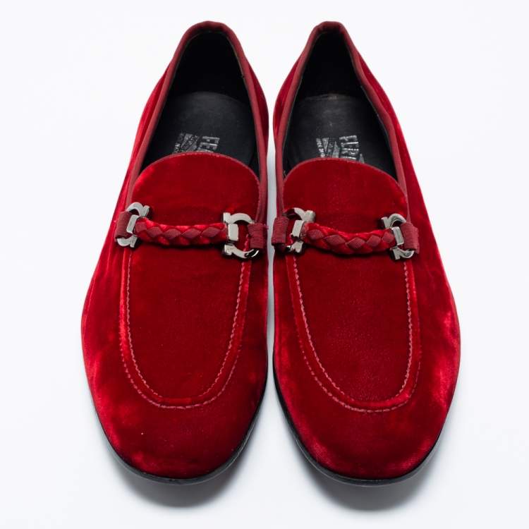 Pre Owned Salvatore Ferragamo Dark Red Velvet Lord 2 Horsebit Loafers Size 44
