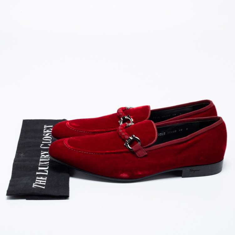 Pre Owned Salvatore Ferragamo Dark Red Velvet Lord 2 Horsebit Loafers Size 44