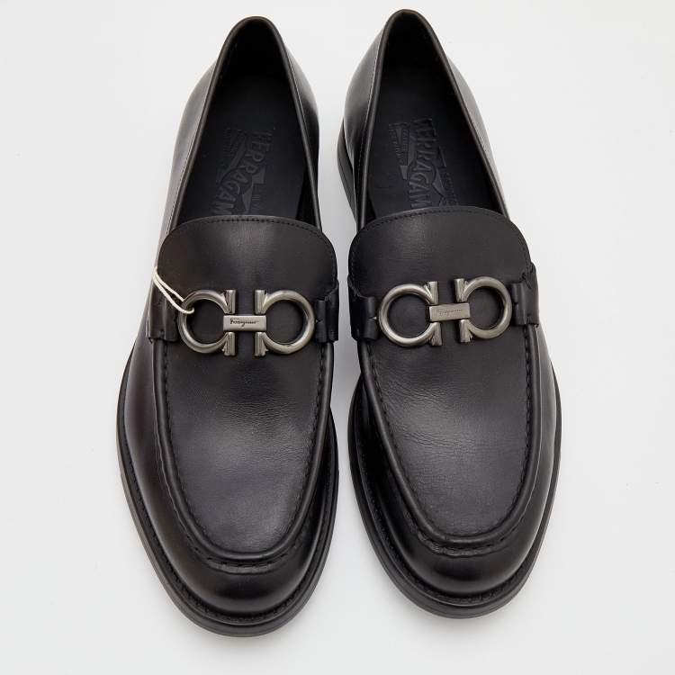 Pre Owned Salvatore Ferragamo Black Leather Double Gancio Loafers Size 43