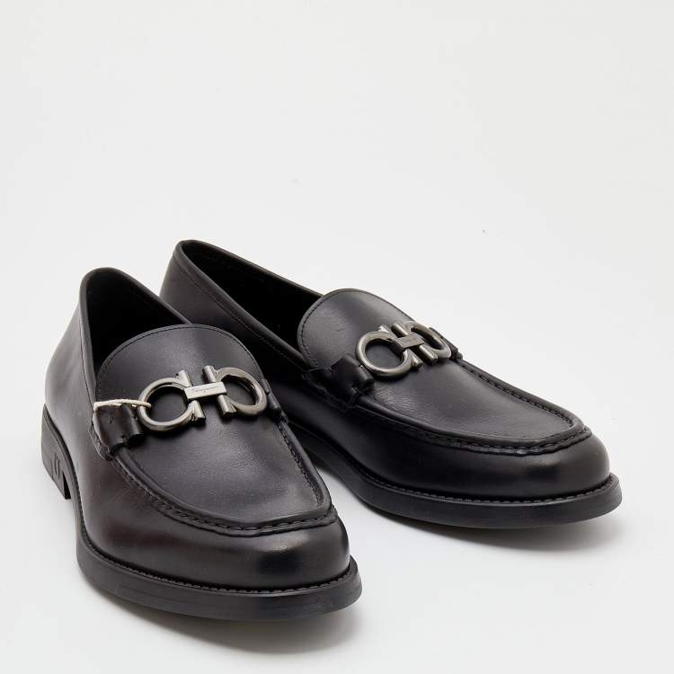 Pre Owned Salvatore Ferragamo Black Leather Double Gancio Loafers Size 43